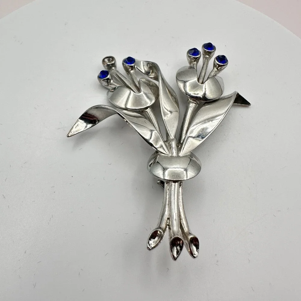 VTG Y2K Silver Tone Blue Rhinestone Floral Brooch Pin Women's Jewelry